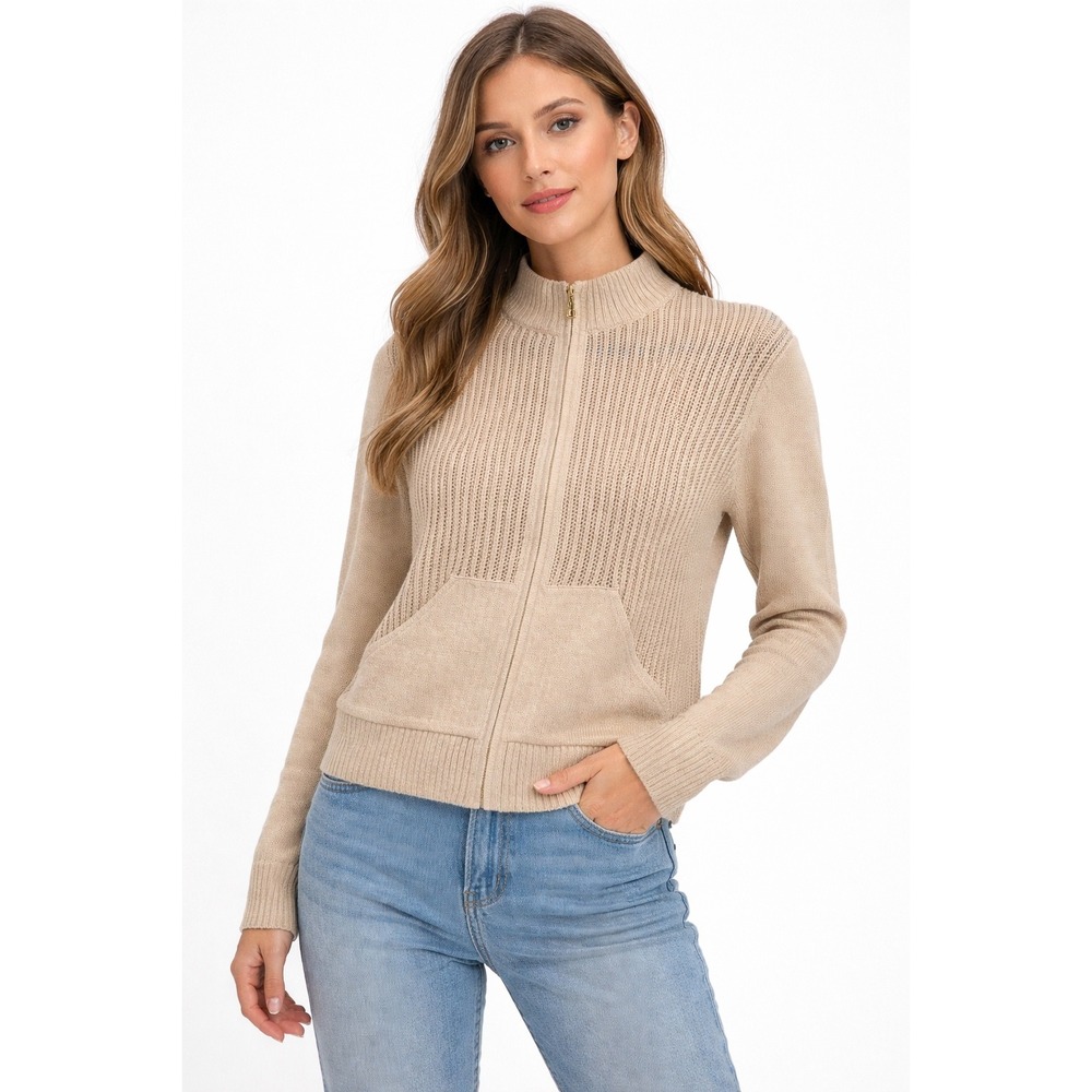 St John Sport Marie Gray Beige Gold Metallic Wool Blend Zip Up Sweater Mock Neck